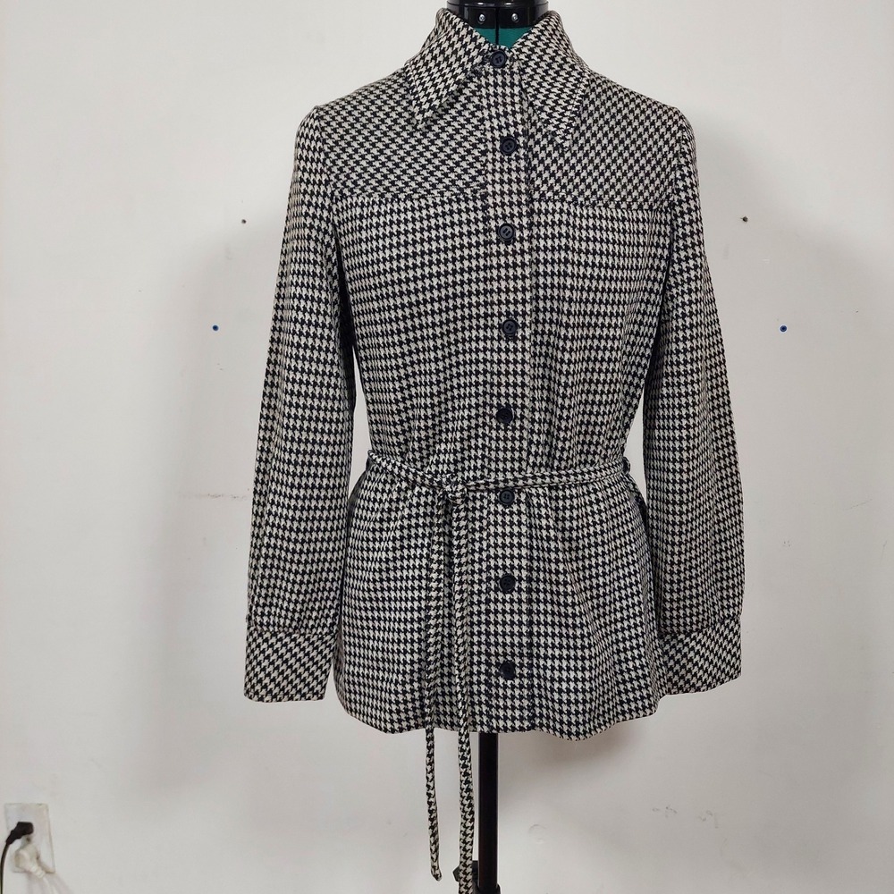 Vintage Butte Knit Houndstooth Jacket Black White Wool Blend Belted Mod 70s Top